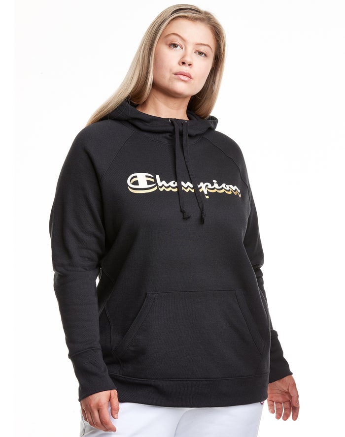 Sudadera Con Capucha Champion Mujer - Plus Powerblend Fleece Drop Shadow Foil Script Logo ( Negras )